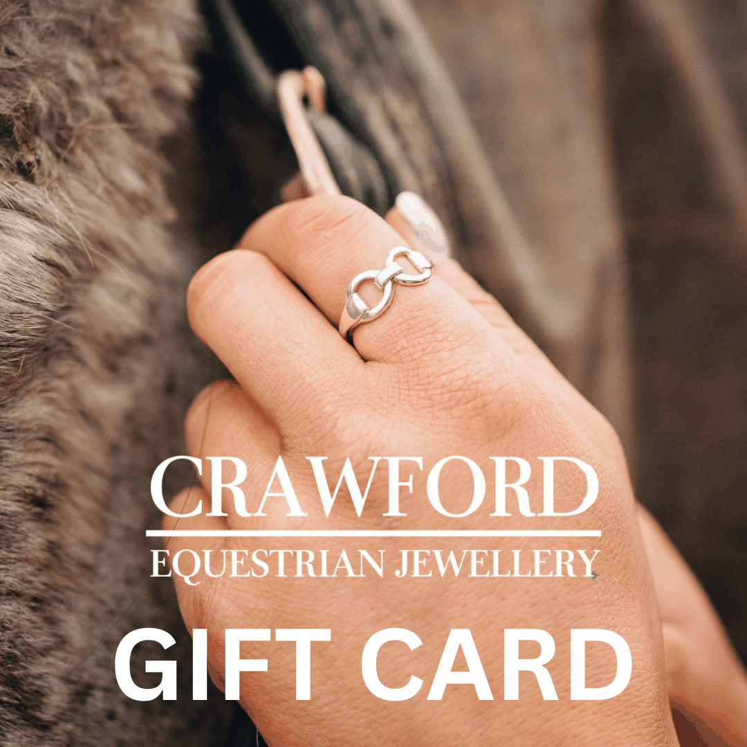 Equine jewellery gift card graphic with white Crawford Equestrian Jewellery lettering over a hand wearing a silver ring