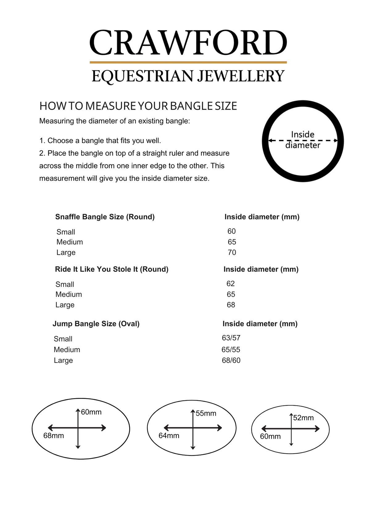 This i a chart that shows how to figure out what size bangle to order horse jewelry from Crawford Equestrian Jewellery.