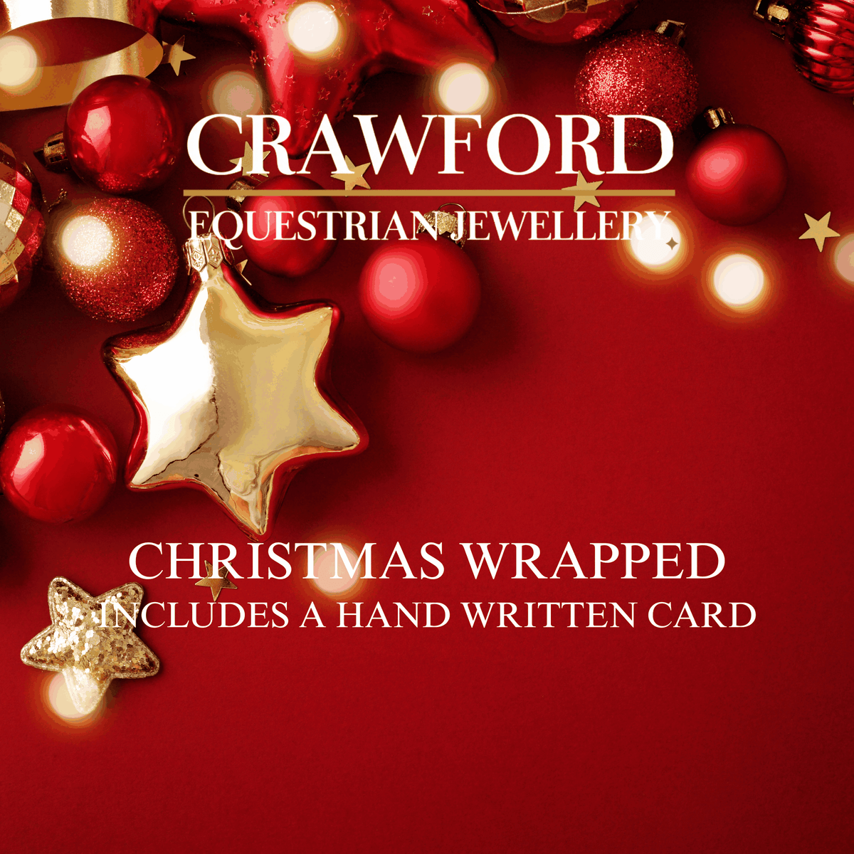 Christmas Gift Wrapping featuring red festive ornaments, gold star decorations, and white text promising a handwritten card
