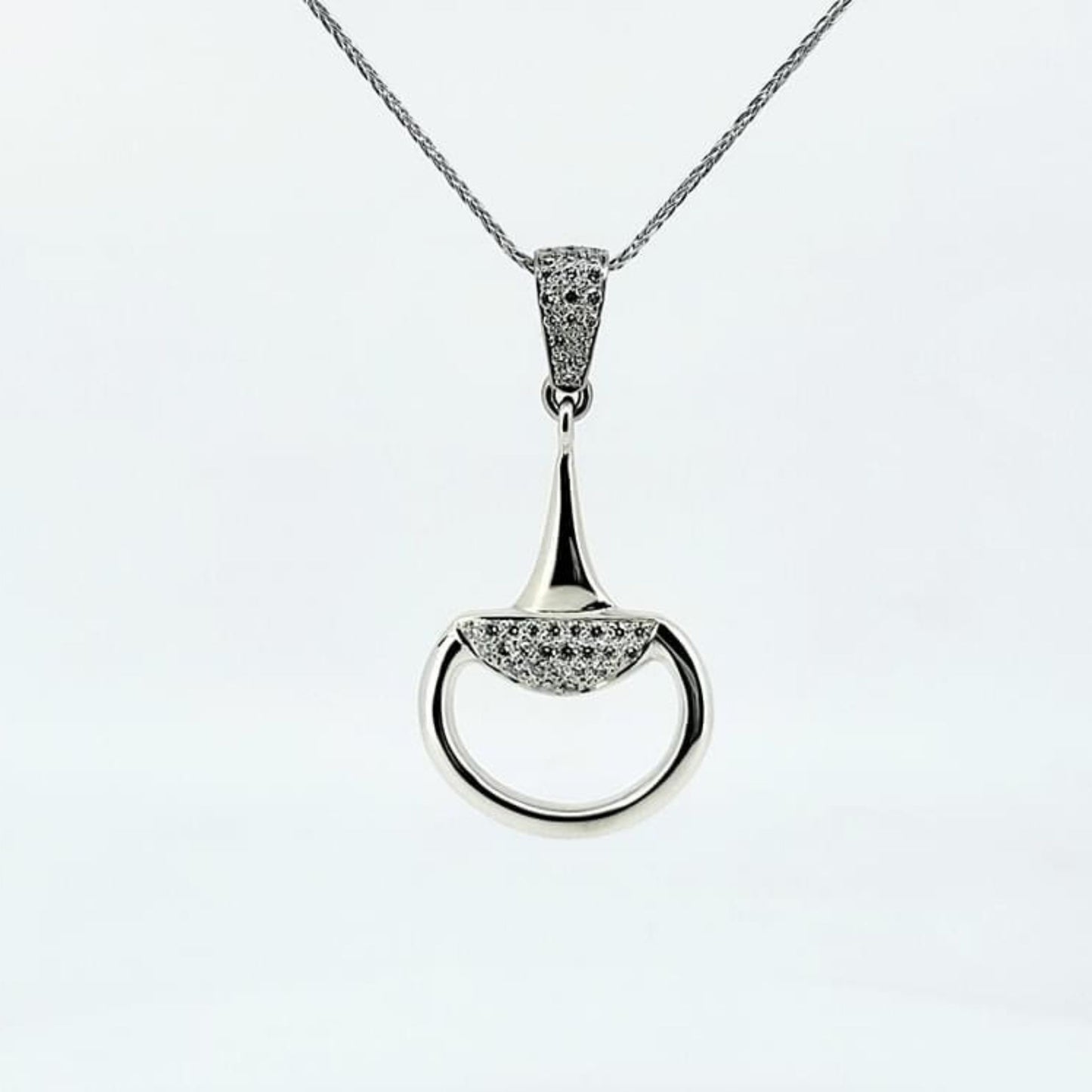 White old snaffle horse bit necklace, diamond set by Crawford Hill Equestrian Jewellery.