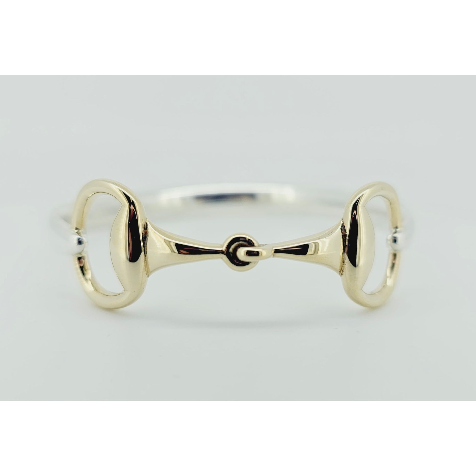 Product photo of horse bit snaffle bangle in old and silver. Bangle made by Crawford Hill Equestrian Jewellery. 