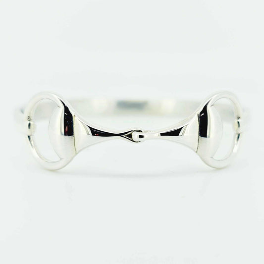 Product photo of horse bit snaffle bangle in sterling silver, horse jewelry made by Crawford Hill Equestrian Jewellery. 
