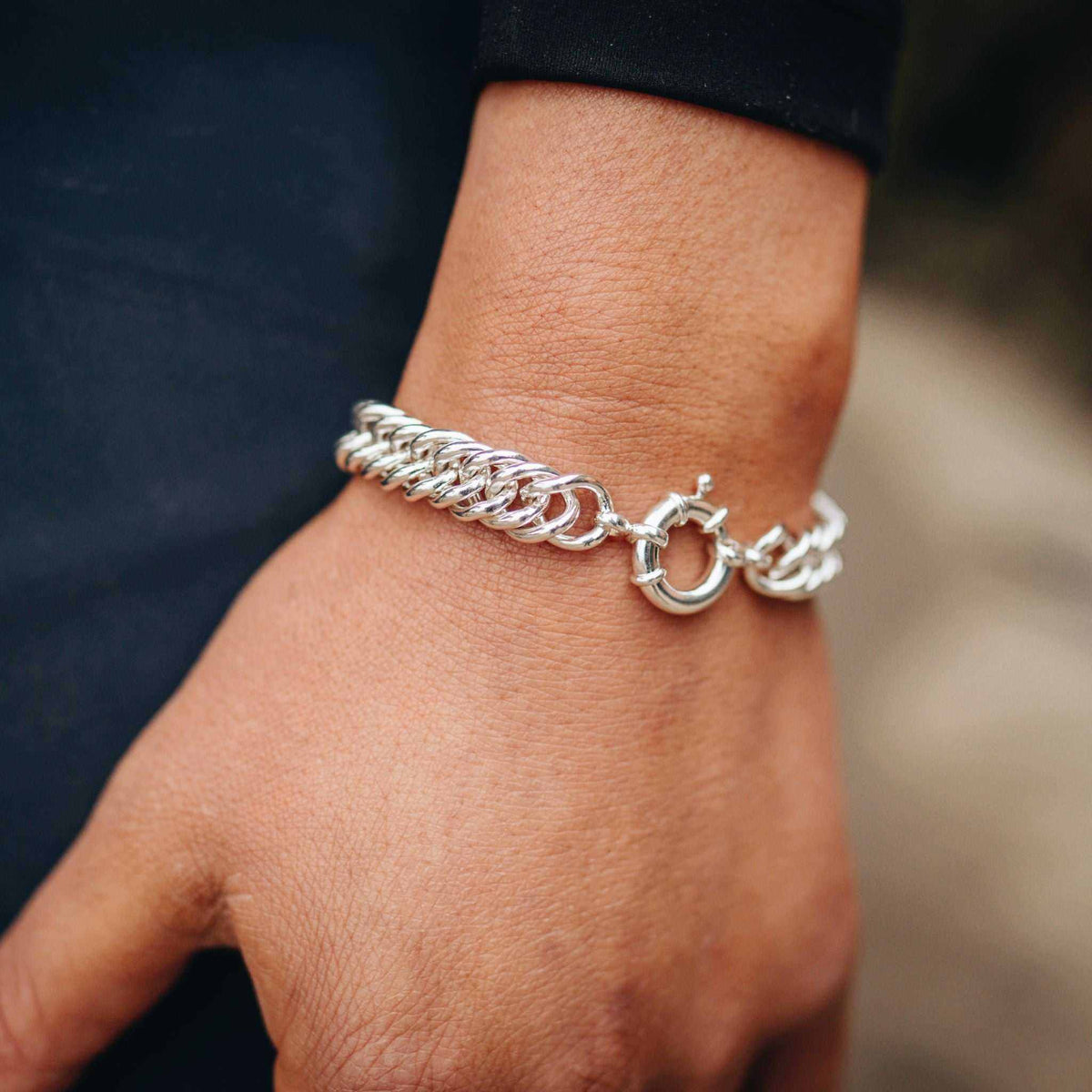 Horse Bit Snaffle bracelet in polished silver with a chunky curb chain and sculpted snaffle bit clasp