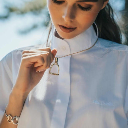 Horse Stirrup Jewellery pendant in polished gold-tone metal, featuring a classic open English stirrup shape on a fine chain